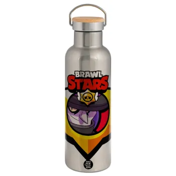 Brawl Stars Mortis, Μεταλλικό παγούρι θερμός (Stainless steel) Ασημένιο με ξύλινο καπακι (bamboo), διπλού τοιχώματος, 750ml