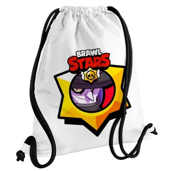 Brawl Stars Mortis, Τσάντα πλάτης πουγκί GYMBAG λευκή, με τσέπη (40x48cm) & χονδρά κορδόνια