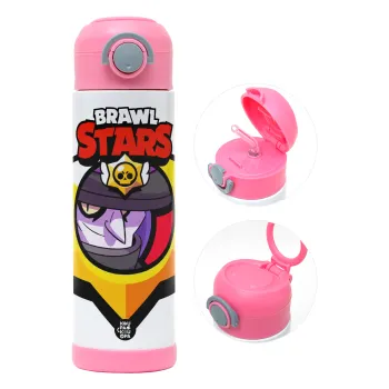 Brawl Stars Mortis, Children's hot water bottle, stainless steel, with safety straw, PINK (500ml)