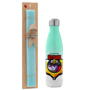 Brawl Stars Mortis, Easter Set, Metallic green/white thermos (Stainless steel), double-walled, 500ml & scented flat Easter candle (30cm) (TURQUOISE)