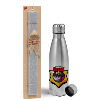 Brawl Stars Mortis, Easter Set, metallic Inox water bottle (750ml) & aromatic flat Easter candle (30cm) (GRAY)