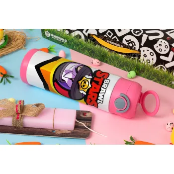 Brawl Stars Mortis, Πασχαλινή Λαμπάδα με Παιδικό παγούρι θερμό, ανοξείδωτο, με καλαμάκι ασφαλείας, ΡΟΖ (500ml)