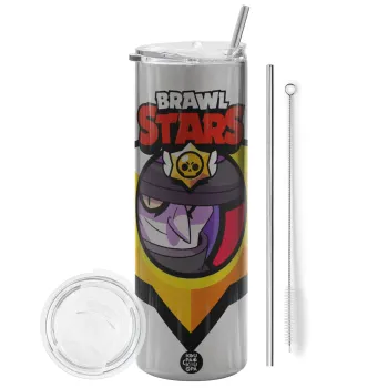 Brawl Stars Mortis, Tumbler stainless steel Silver 600ml, with metal straw & cleaning brush