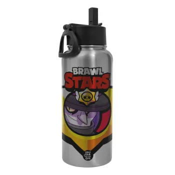 Brawl Stars Mortis, Metal mug thermo Silver with Straw and Spout Lid (Stainless steel), double wall, 950ml