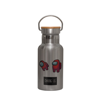 Among US, Stainless steel metallic thermos flask, silver with a bamboo lid, double-walled, 350ml.
