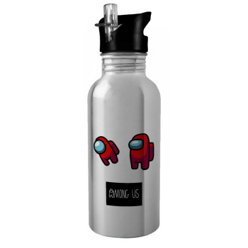 Among US, Water bottle Silver with straw, stainless steel 600ml