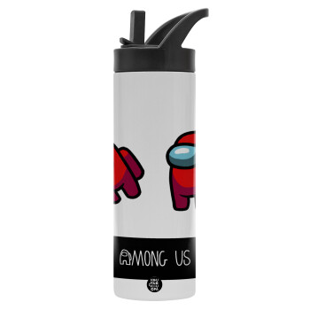 Among US, Metallic thermos bottle with straw & handle, stainless steel (Stainless steel 304), double-walled, 600ml.