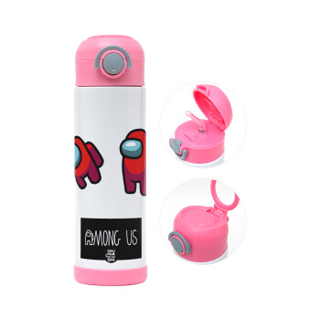Among US, Children's hot water bottle, stainless steel, with safety straw, PINK (500ml)