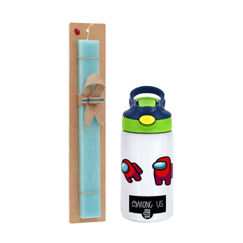 Among US, Easter Set, Children's thermal stainless steel bottle with safety straw, green/blue (350ml) & aromatic flat Easter candle (30cm) (TURQUOISE)