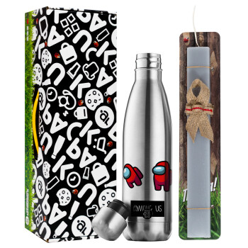 Among US, Easter Set, metallic stainless thermos flask (500ml) & scented flat Easter candle (30cm) (GRAY)