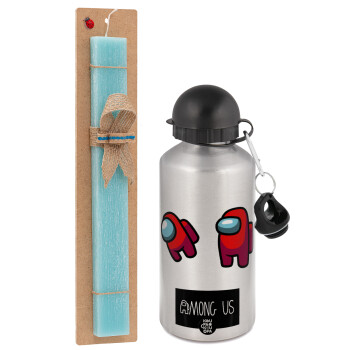 Among US, Easter Set, metallic silver aluminum water bottle (500ml) & scented flat Easter candle (30cm) (TURQUOISE)
