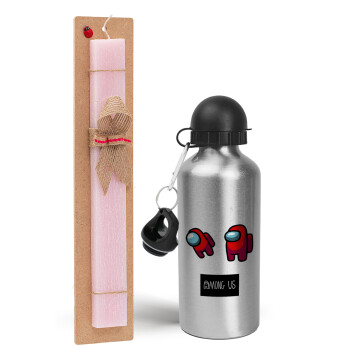 Among US, Easter Set, metallic Silver aluminum water bottle (500ml) & scented flat Easter candle (30cm) (PINK)
