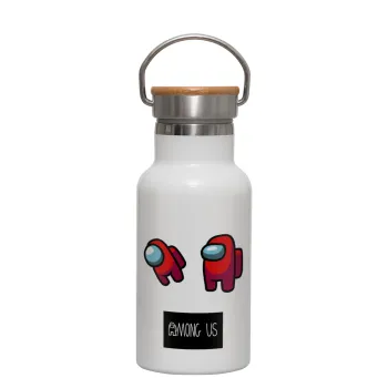 Among US, Μεταλλικό παγούρι θερμός (Stainless steel) Λευκό με ξύλινο καπακι (bamboo), διπλού τοιχώματος, 350ml