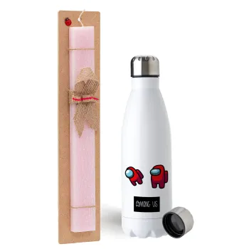 Among US, Easter Set, metallic stainless steel water bottle (750ml) & scented flat Easter candle (30cm) (PINK)