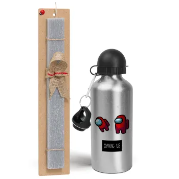 Among US, Easter Set, metallic silver aluminum water bottle (500ml) & aromatic flat Easter candle (30cm) (GRAY)