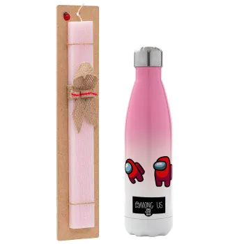 Among US, Easter Set, Metallic pink/white (Stainless steel) thermos, double-walled, 500ml & aromatic flat Easter candle (30cm) (PINK)