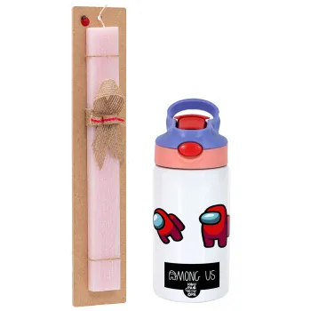 Among US, Easter Set, Children's thermal stainless steel water bottle with safety straw, pink/purple (350ml) & Easter scented flat candle (30cm) (PINK)