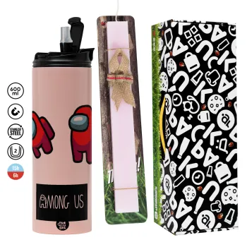 Among US, Easter candle,Travel Tumbler 2 Lids, with metal straw & cleaning brush & aromatic flat candle (30cm) (PINK)