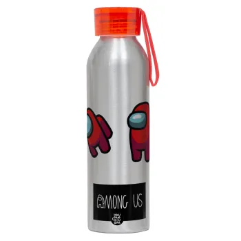 Among US, Αλουμινένιο Αθλητικό Μπουκάλι 650ml – Ασημί με Κόκκινο Καπάκι και Λουράκι Σιλικόνης