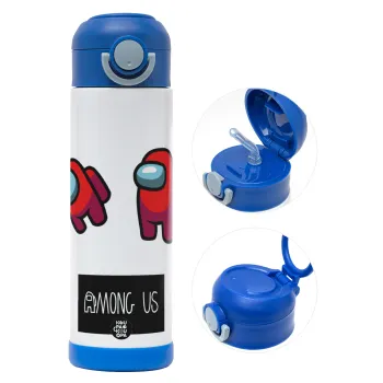 Among US, Children's hot water bottle, stainless steel, with safety straw, BLUE (500ml)