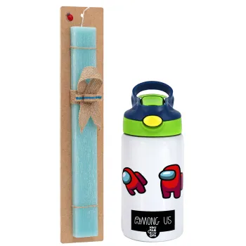 Among US, Easter Set, Children's thermal stainless steel bottle with safety straw, green/blue (350ml) & aromatic flat Easter candle (30cm) (TURQUOISE)