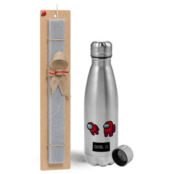 Among US, Easter Set, metallic Inox water bottle (750ml) & aromatic flat Easter candle (30cm) (GRAY)