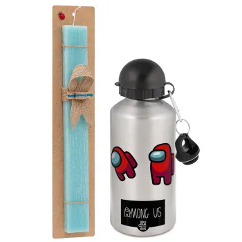 Among US, Easter Set, metallic silver aluminum water bottle (500ml) & scented flat Easter candle (30cm) (TURQUOISE)