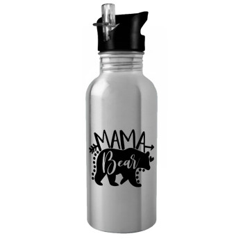 Mama Bear, Water bottle Silver with straw, stainless steel 600ml