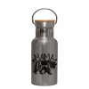 Stainless steel metallic thermos flask, silver with a bamboo lid, double-walled, 350ml.