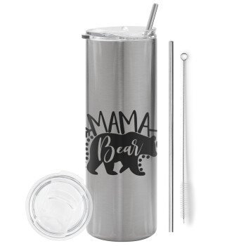 Mama Bear, Tumbler stainless steel Silver 600ml, with metal straw & cleaning brush