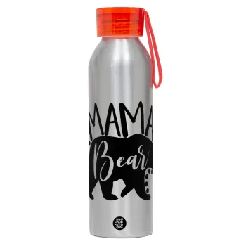 Mama Bear, Αλουμινένιο Αθλητικό Μπουκάλι 650ml – Ασημί με Κόκκινο Καπάκι και Λουράκι Σιλικόνης