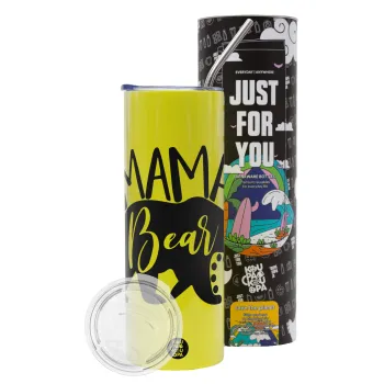 Mama Bear, Neon Yellow Travel Tumbler θερμό, μεταλλικό καλαμάκι(Ανωξείδωτο 304 Food grade, BPA free, 600ml)
