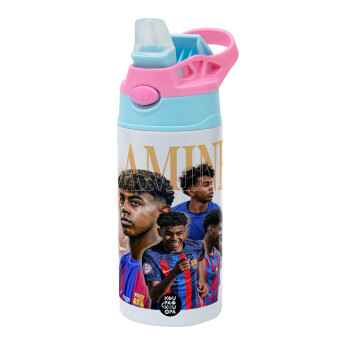 lamine yamal FCB, Children's hot water bottle, stainless steel, with safety straw, Pink/BlueCiel (360ml) BPA FREE