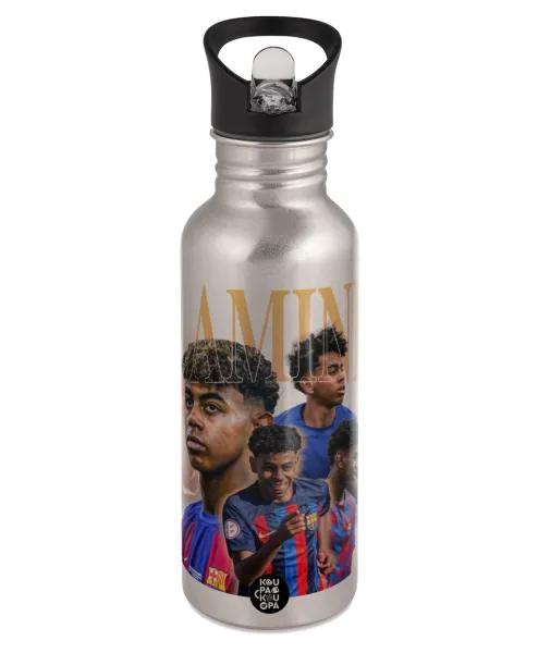 lamine yamal FCB — Παγούρι νερού Ασημένιο με καλαμάκι, ανοξείδωτο ατσάλι 600ml