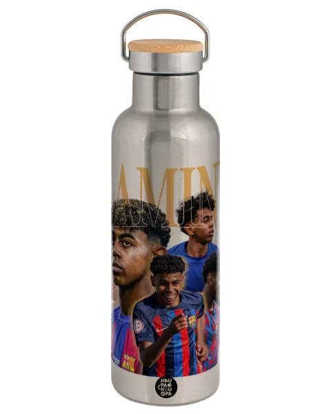 lamine yamal FCB — Stainless steel Silver with wooden lid (bamboo), double wall, 750ml