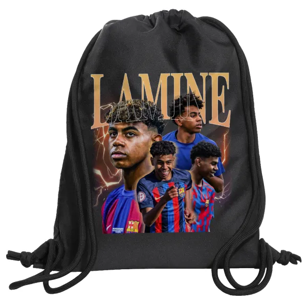 lamine yamal FCB — Τσάντα πλάτης πουγκί GYMBAG Μαύρη, με τσέπη (40x48cm) & χονδρά κορδόνια