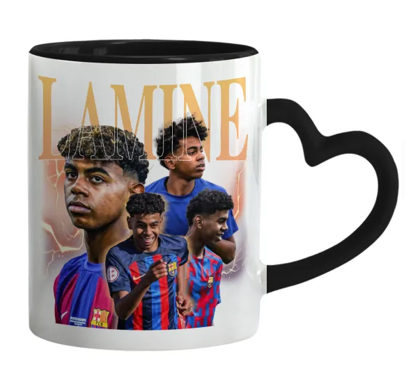 lamine yamal FCB — Κούπα καρδιά χερούλι μαύρη, κεραμική, 330ml