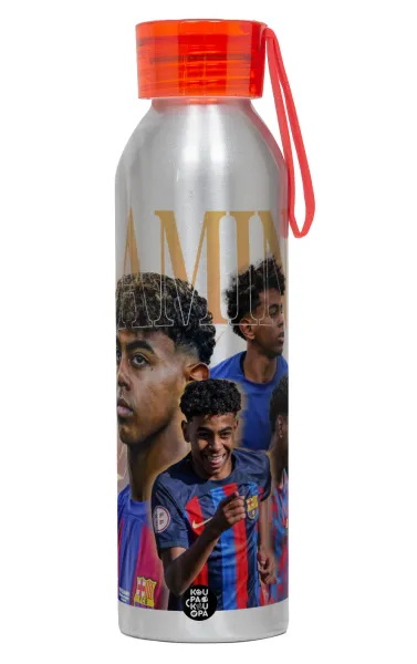 lamine yamal FCB — Αλουμινένιο Αθλητικό Μπουκάλι 650ml – Ασημί με Κόκκινο Καπάκι και Λουράκι Σιλικόνης