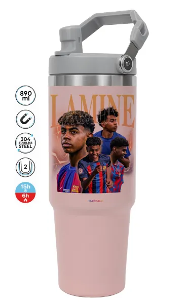 lamine yamal FCB — ΡΟΖ Travel Tumbler Θερμός με χερούλι και καλαμάκι 890ml