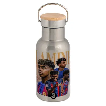 lamine yamal FCB, Μεταλλικό παγούρι θερμός (Stainless steel) Ασημένιο με ξύλινο καπακι (bamboo), διπλού τοιχώματος, 350ml