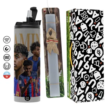 lamine yamal FCB, Easter candle with Grey Tumbler Thermo 600ml & aromatic flat candle (30cm) (GREY)