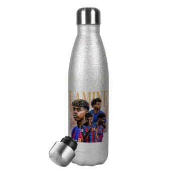 lamine yamal FCB, Metallic Glitter Silver Thermos Flask (Stainless steel), double-walled, 500ml