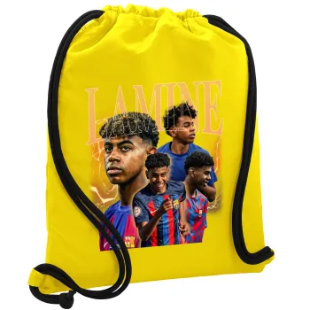 lamine yamal FCB, Τσάντα πλάτης πουγκί GYMBAG Κίτρινη, με τσέπη (40x48cm) & χονδρά κορδόνια