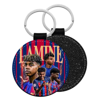 lamine yamal FCB, Μπρελόκ Δερματίνη, στρογγυλό ΜΑΥΡΟ (5cm)