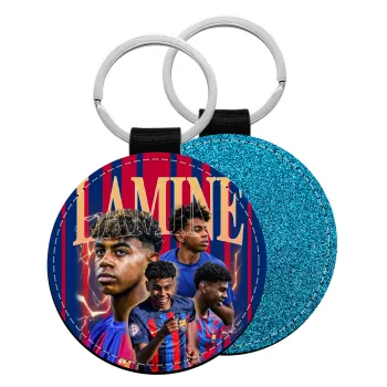 lamine yamal FCB, Μπρελόκ Δερματίνη, στρογγυλό ΜΠΛΕ (5cm)