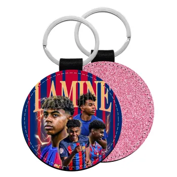 lamine yamal FCB, Μπρελόκ Δερματίνη, στρογγυλό ΡΟΖ (5cm)