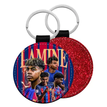 lamine yamal FCB, Μπρελόκ Δερματίνη, στρογγυλό ΚΟΚΚΙΝΟ (5cm)