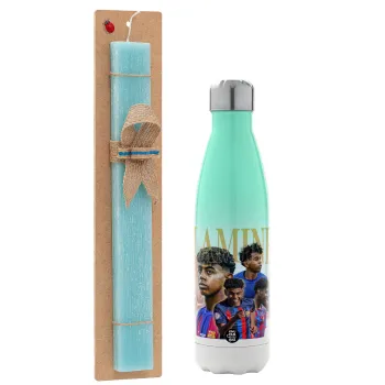 lamine yamal FCB, Easter Set, Metallic green/white thermos (Stainless steel), double-walled, 500ml & scented flat Easter candle (30cm) (TURQUOISE)