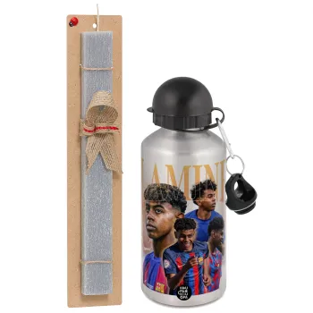 lamine yamal FCB, Easter Set, metallic silver aluminum water bottle (500ml) & aromatic flat Easter candle (30cm) (GRAY)