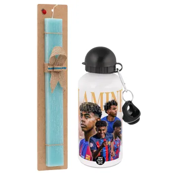 lamine yamal FCB, Easter Set, metallic aluminum water bottle (500ml) & scented flat candle (30cm) (TURQUOISE)